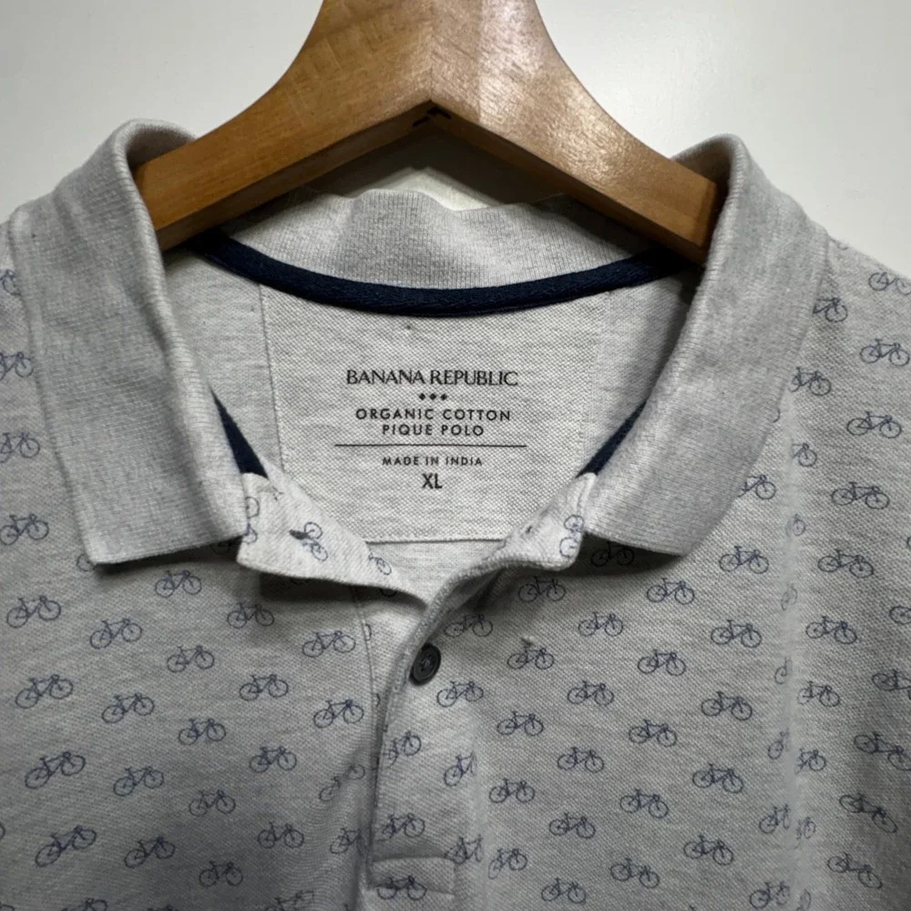 Banana Republic Organic Cotton Pique Polo Mens XL Gray Blue Bicycle Print Shirt